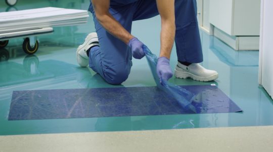 In the picture there is a man kneeling and peeling off a mat wearing rubber gloves.